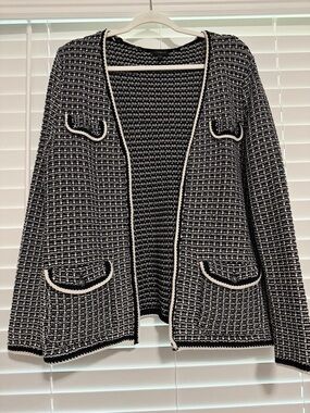 Talbots Black and White Tweed Open-Front Cardigan